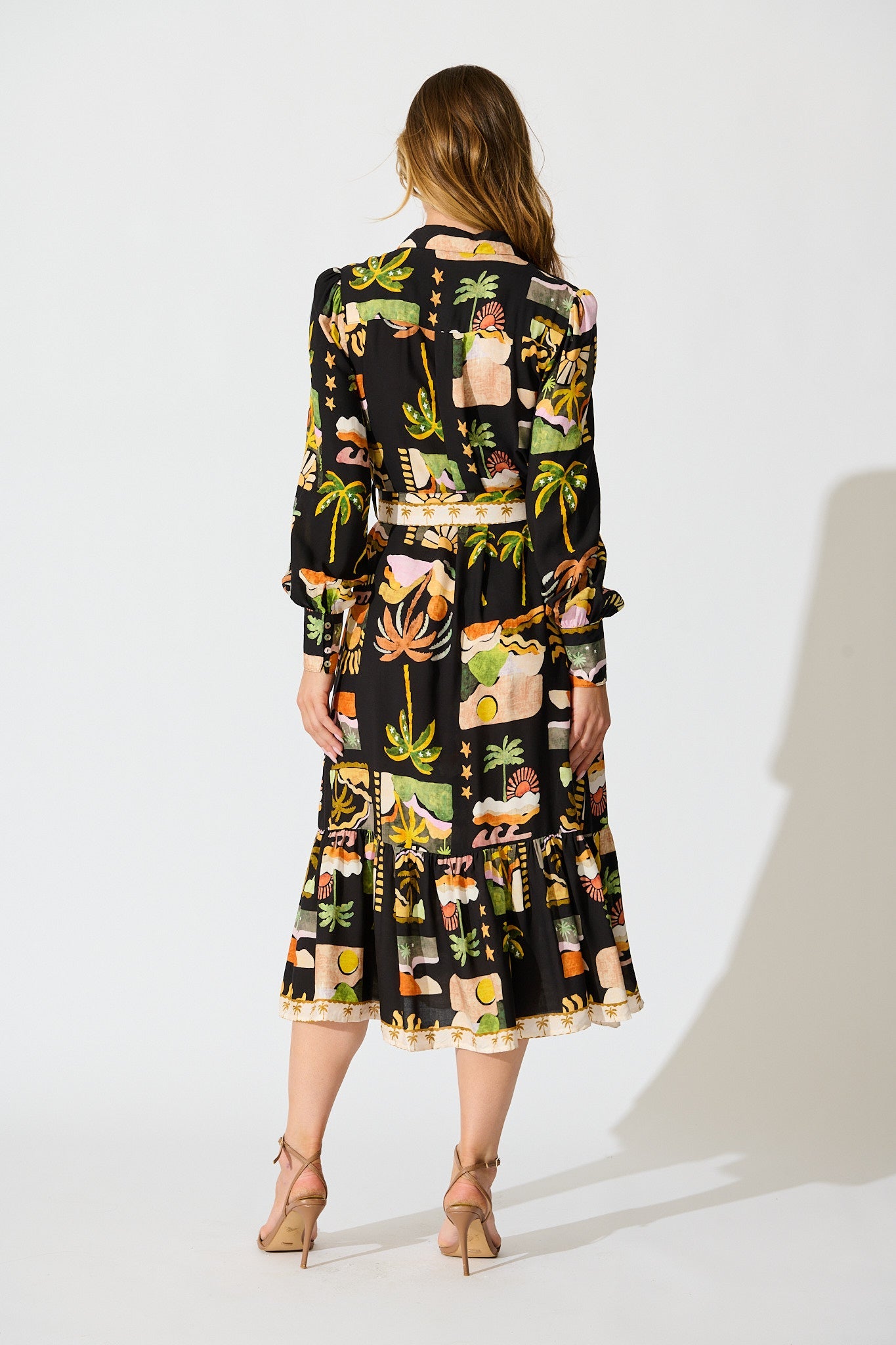 Juliana Midi Shirt Dress in Black with Multi Palm Tree Print
