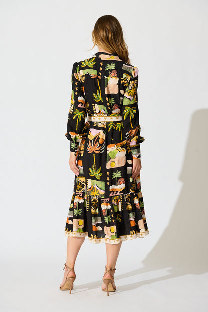Juliana Midi Shirt Dress in Black with Multi Palm Tree Print