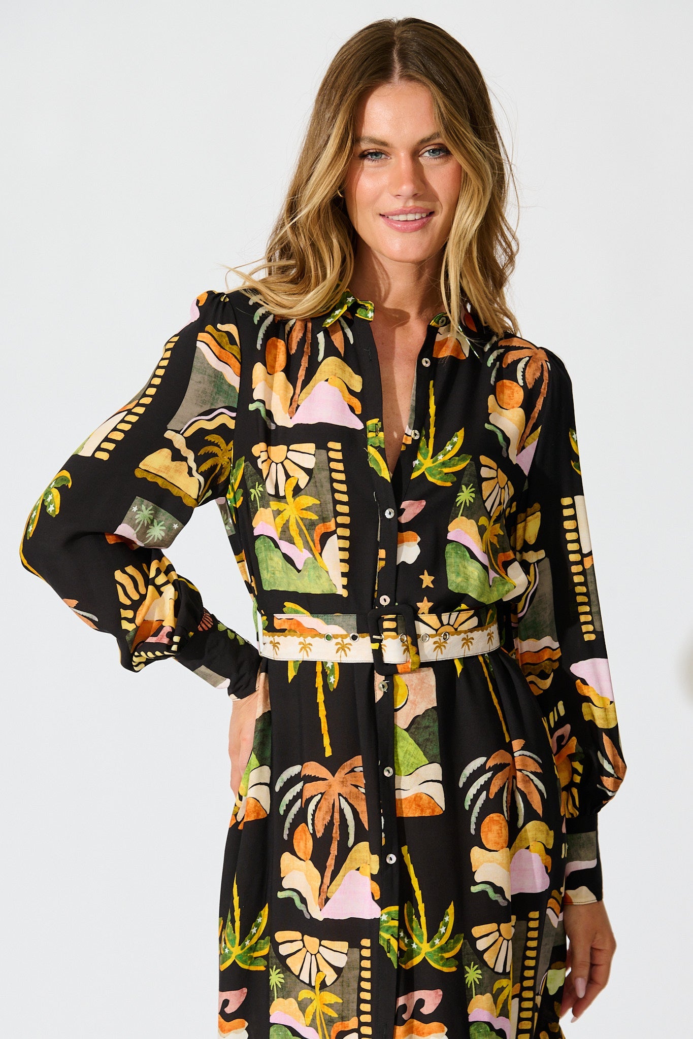 Juliana Midi Shirt Dress in Black with Multi Palm Tree Print