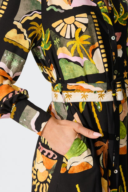 Juliana Midi Shirt Dress in Black with Multi Palm Tree Print