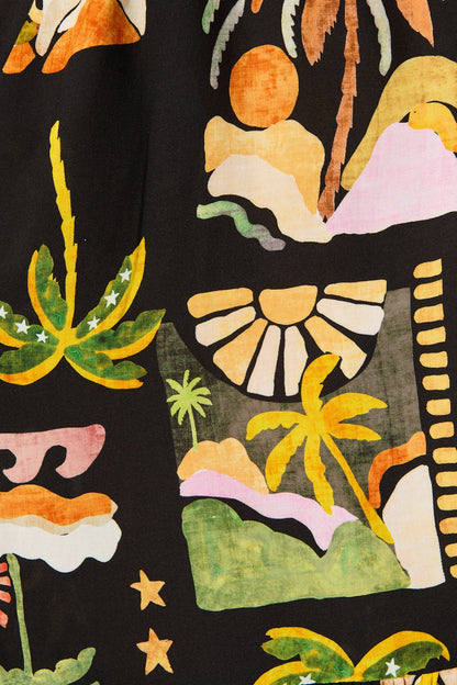 Juliana Midi Shirt Dress in Black with Multi Palm Tree Print
