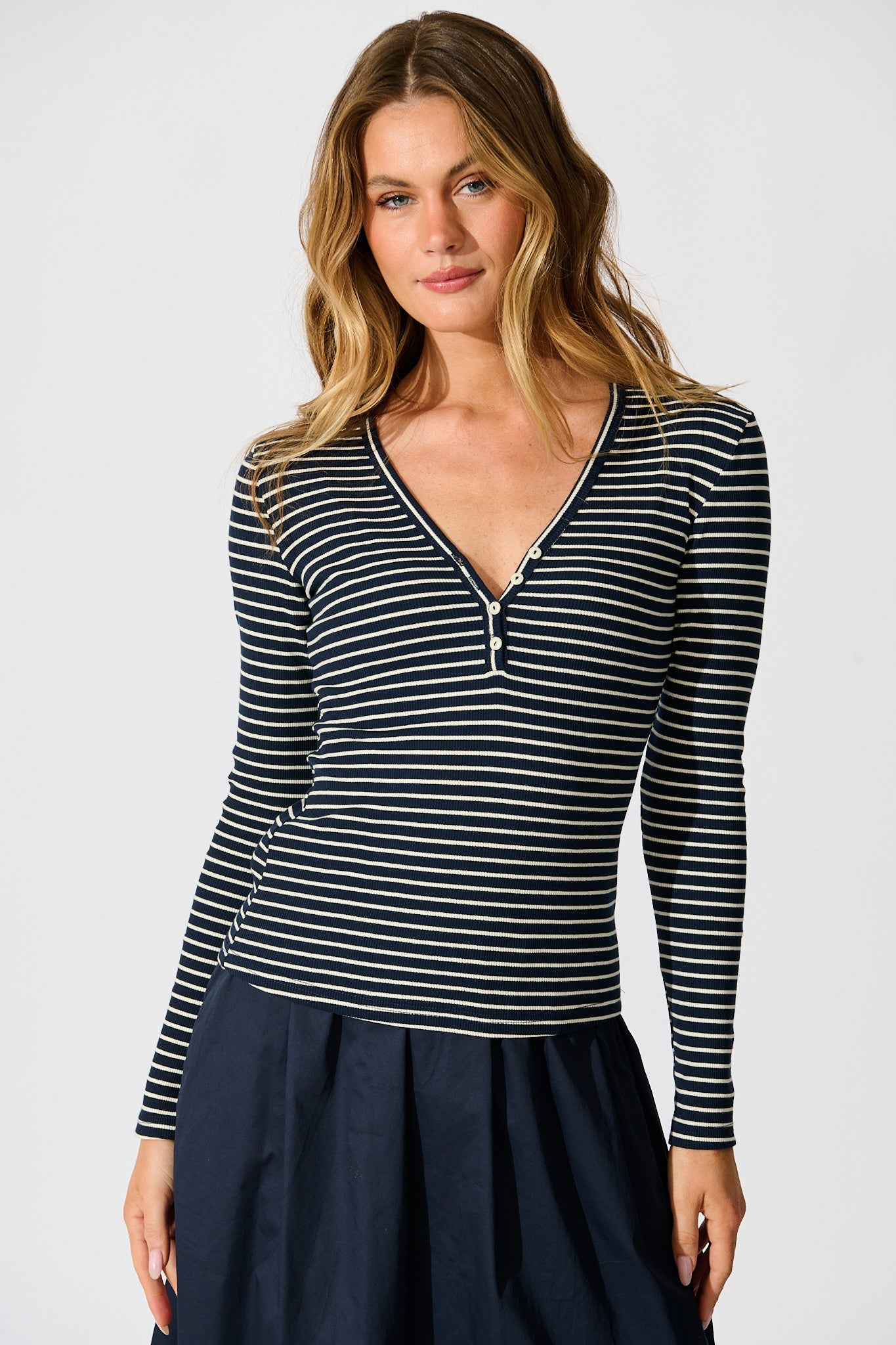 Leighton Top in Navy with Cream Stripe Cotton Blend