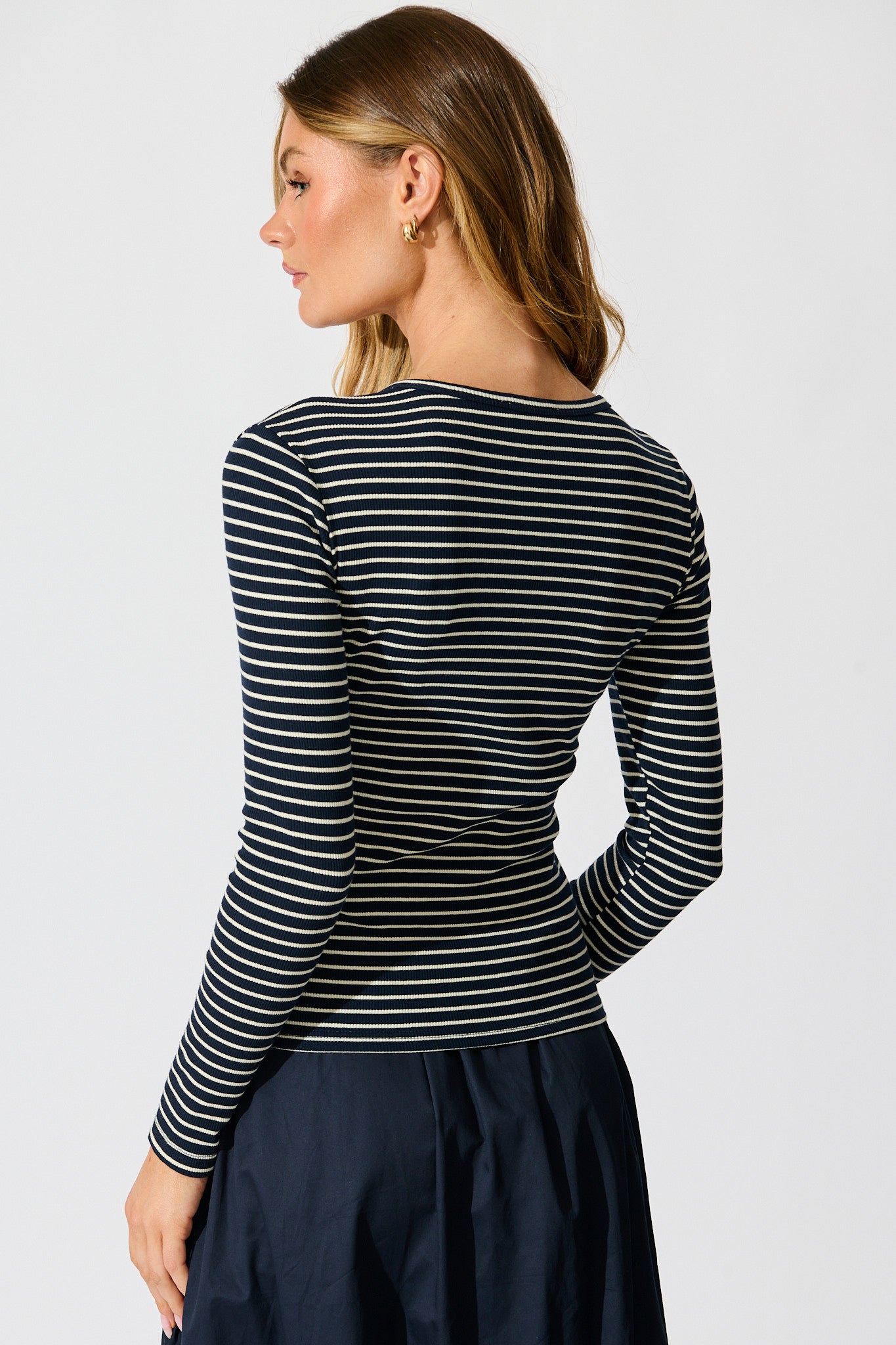 Leighton Top in Navy with Cream Stripe Cotton Blend