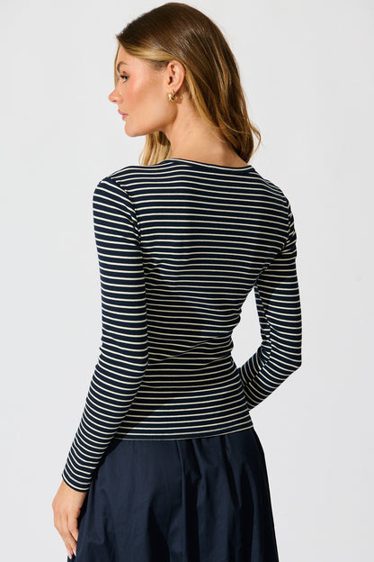 Leighton Top in Navy with Cream Stripe Cotton Blend