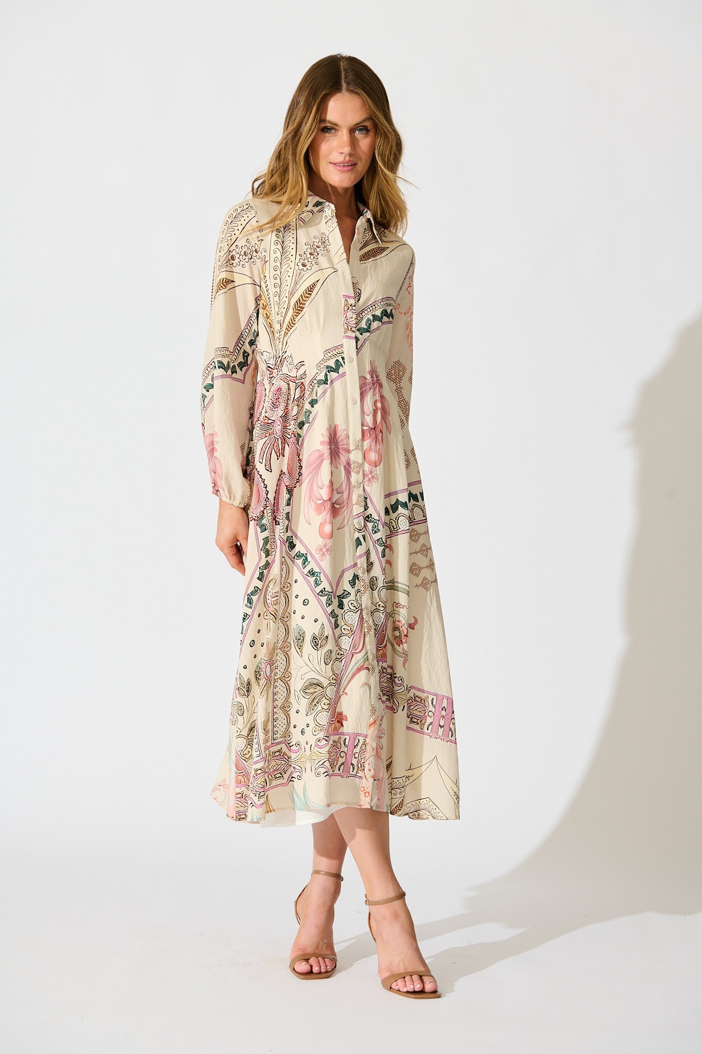 Sylvie Midi Shirt Dress in Cream with Blush Floral