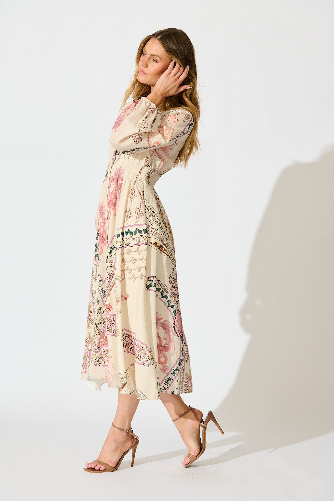 Sylvie Midi Shirt Dress in Cream with Blush Floral