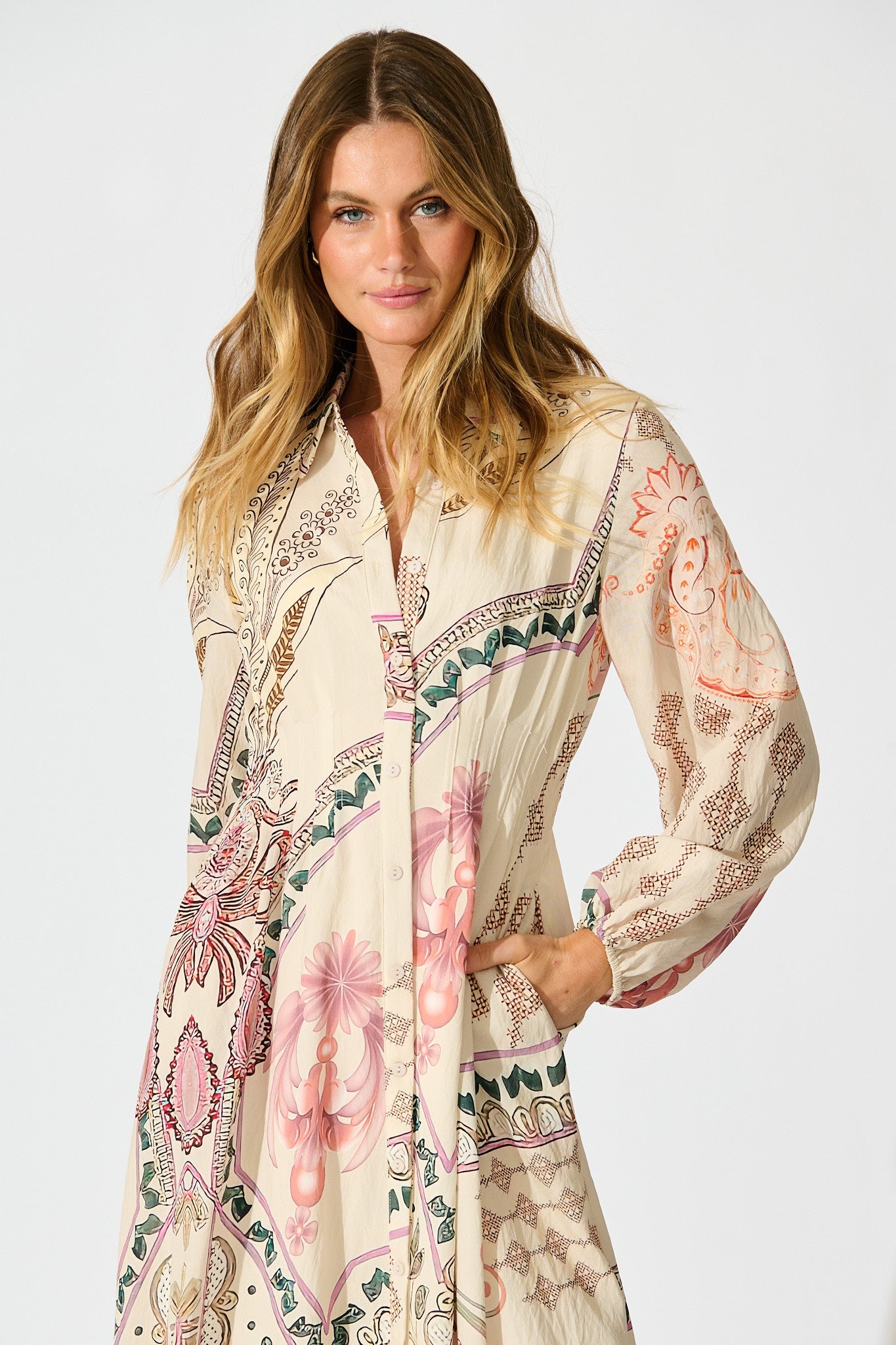 Sylvie Midi Shirt Dress in Cream with Blush Floral