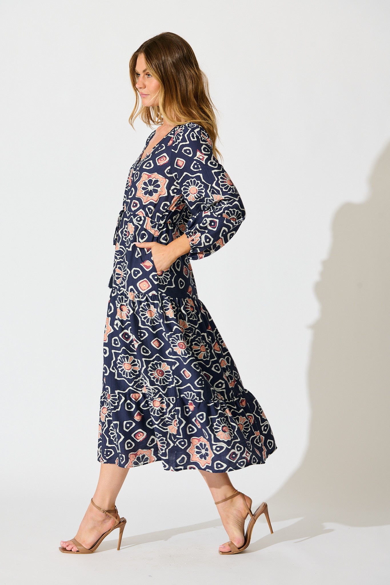 Calista Midi Dress in Navy Abstract Floral Print