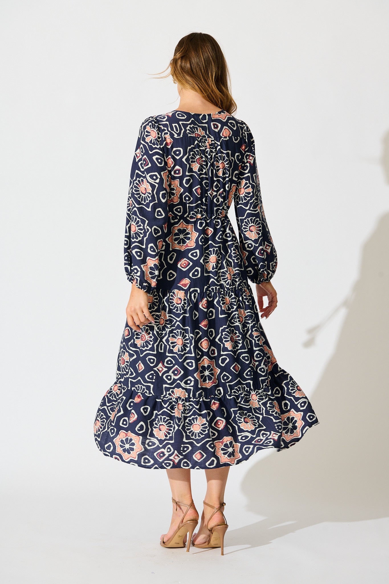 Calista Midi Dress in Navy Abstract Floral Print