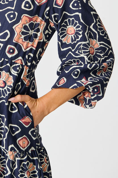 Calista Midi Dress in Navy Abstract Floral Print