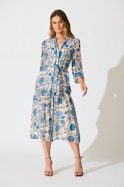 Miren Midi Dress in White with Blue Floral