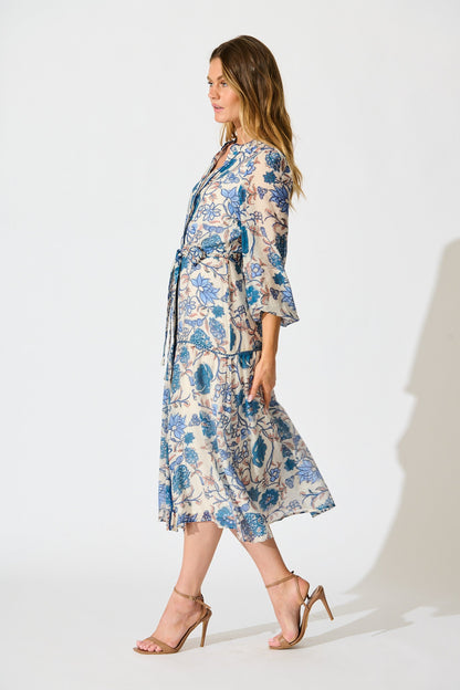Miren Midi Dress in White with Blue Floral
