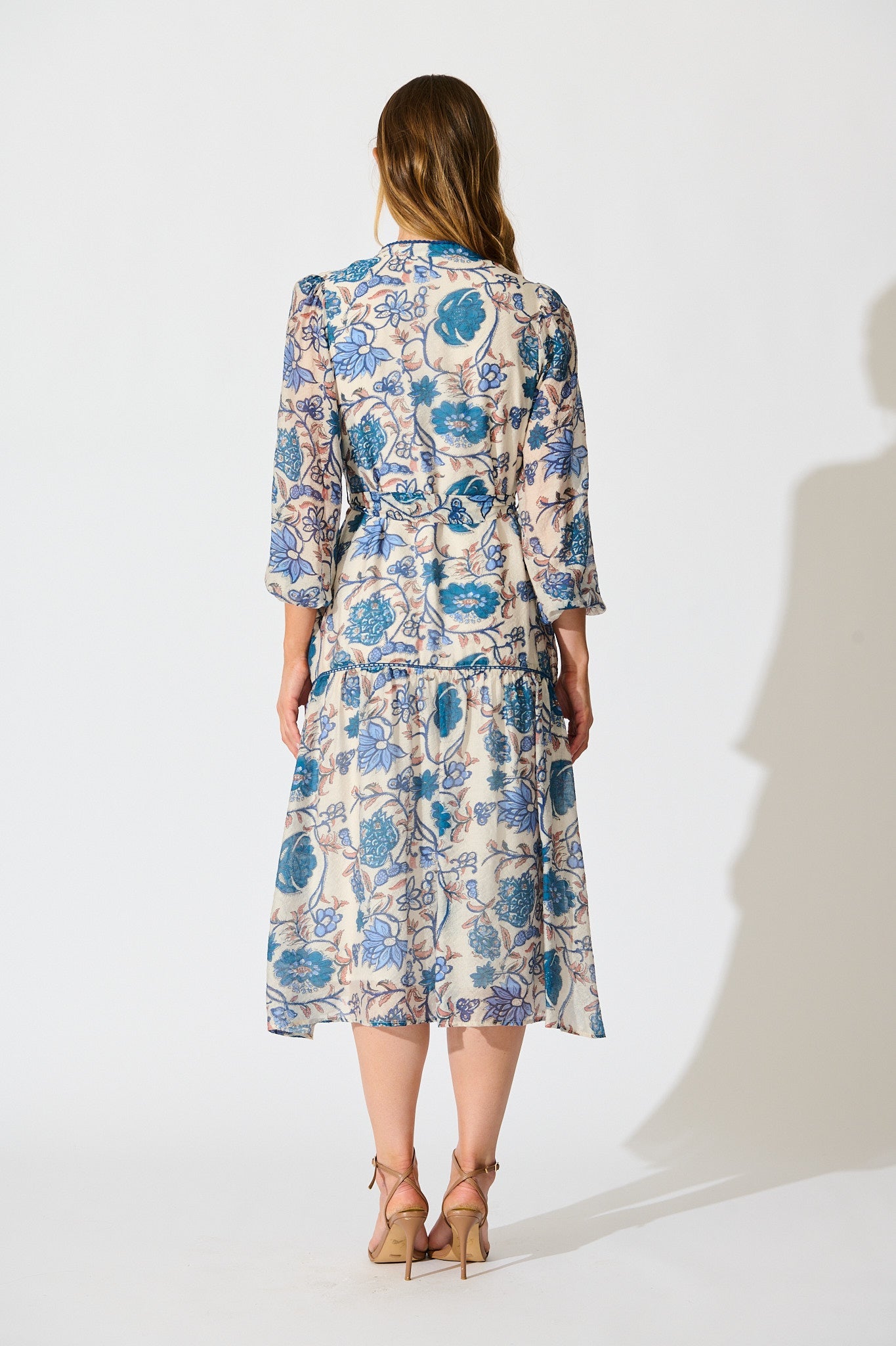 Miren Midi Dress in White with Blue Floral