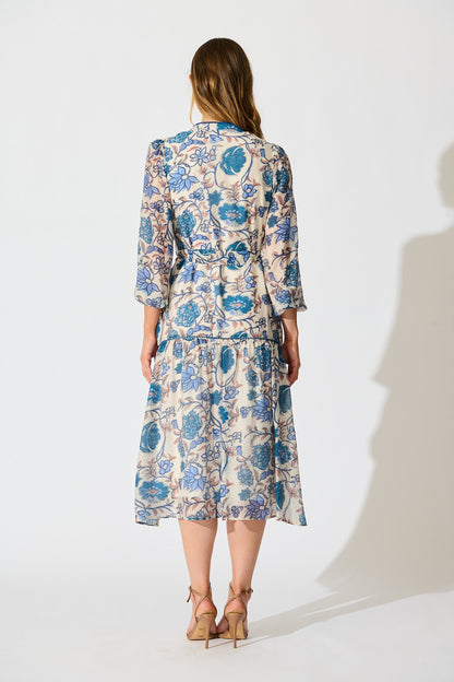 Miren Midi Dress in White with Blue Floral