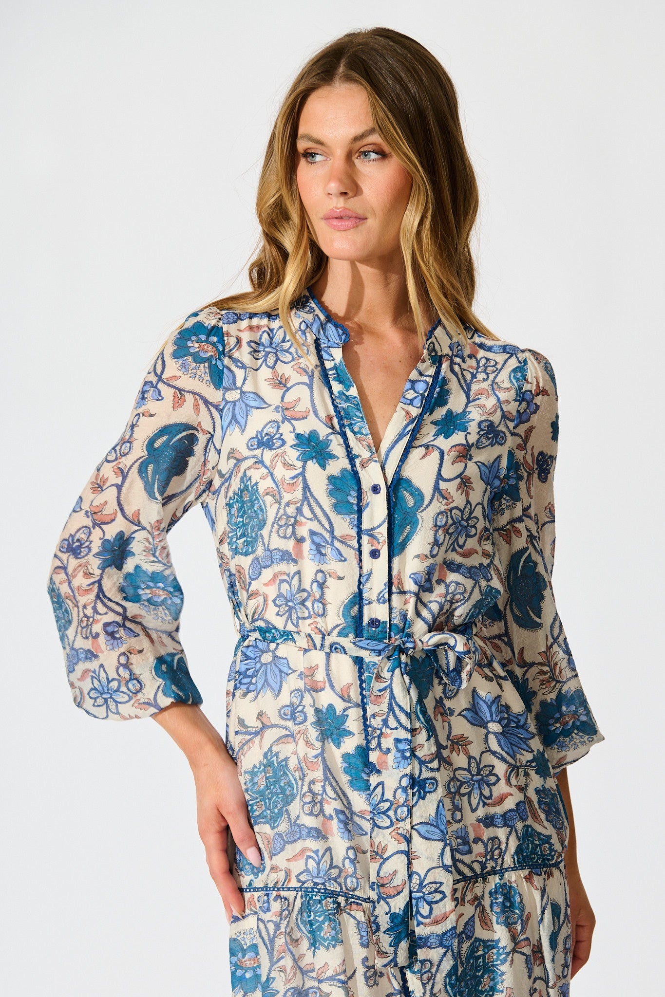 Miren Midi Dress in White with Blue Floral