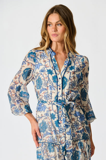 Miren Midi Dress in White with Blue Floral