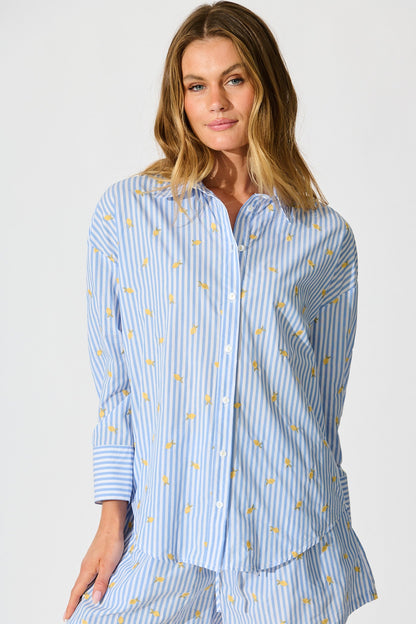 Lemon Lines Shirt in Blue Stripe with Lemon Embroidery