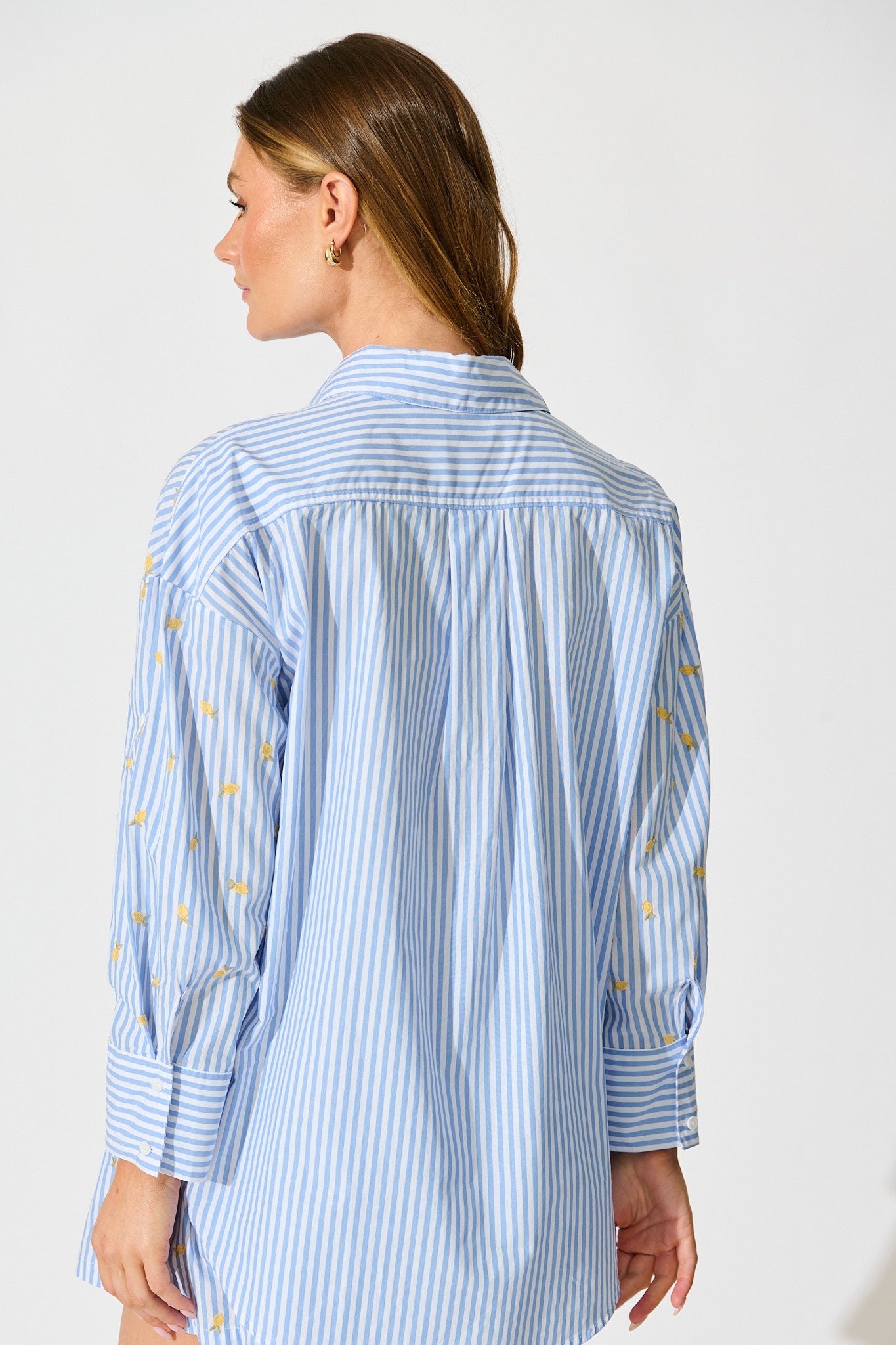 Lemon Lines Shirt in Blue Stripe with Lemon Embroidery
