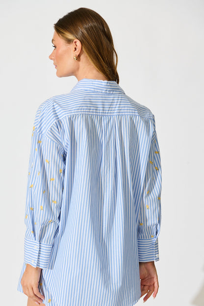 Lemon Lines Shirt in Blue Stripe with Lemon Embroidery