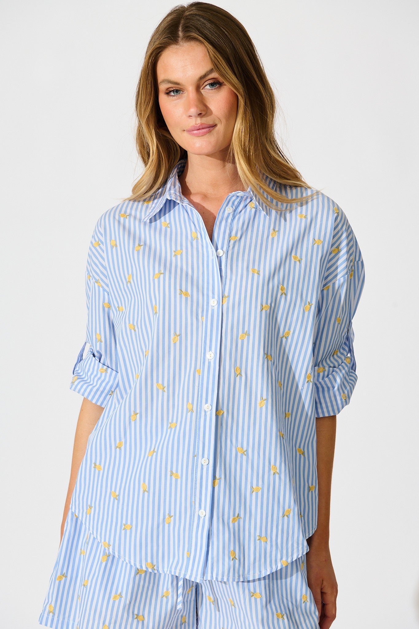 Lemon Lines Shirt in Blue Stripe with Lemon Embroidery