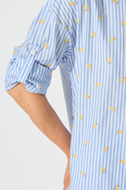 Lemon Lines Shirt in Blue Stripe with Lemon Embroidery