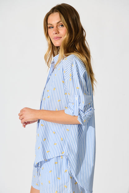 Lemon Lines Shirt in Blue Stripe with Lemon Embroidery
