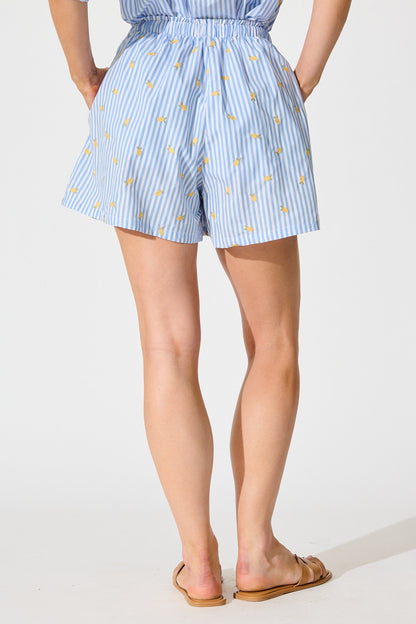 Citrus Soliel Short in Blue Stripe with Lemon Embroidery