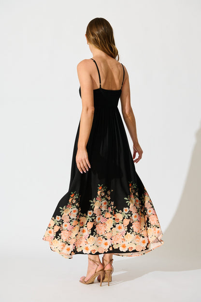 Dusky Petals Sundress in Black with Floral Print