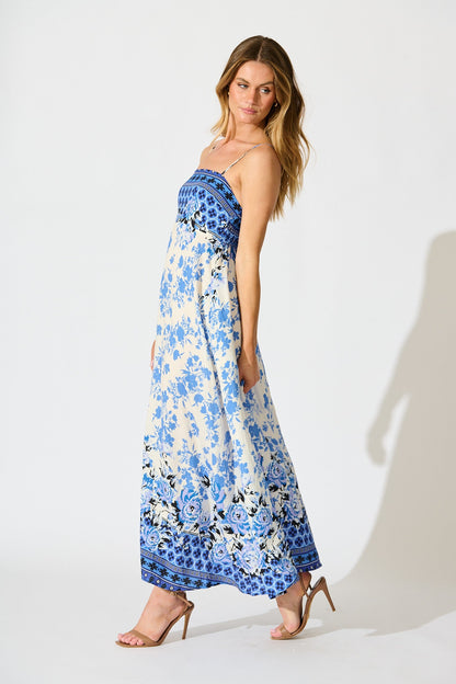 Fayda Maxi Sundress in Blue Floral Linen Blend