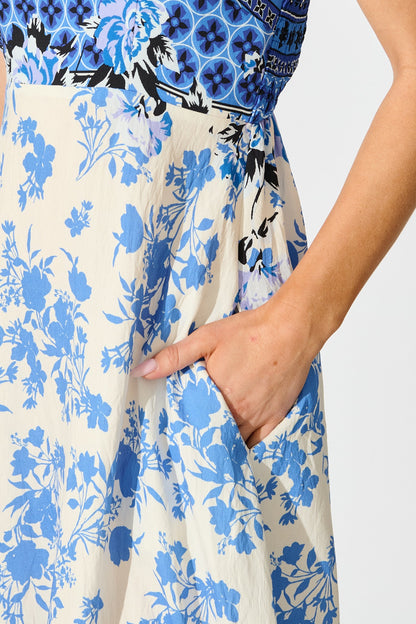 Fayda Maxi Sundress in Blue Floral Linen Blend