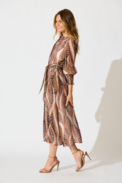 Tessa Maxi Shirt Dress in Brown with Tan Cotton Blend