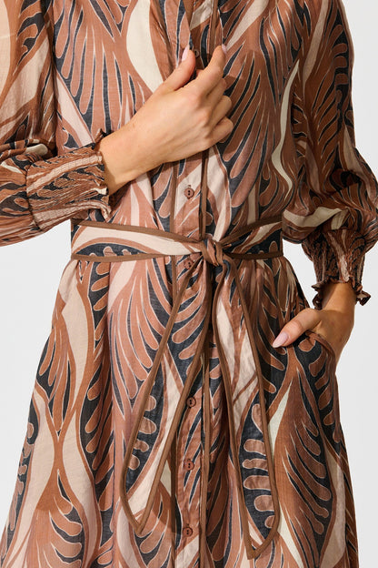 Tessa Maxi Shirt Dress in Brown with Tan Cotton Blend