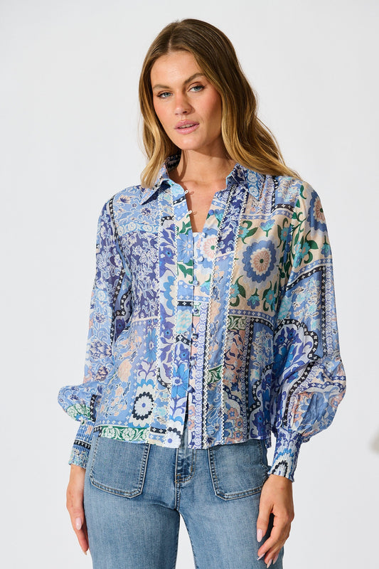 Emma Shirt in Multi Blue Cotton Blend