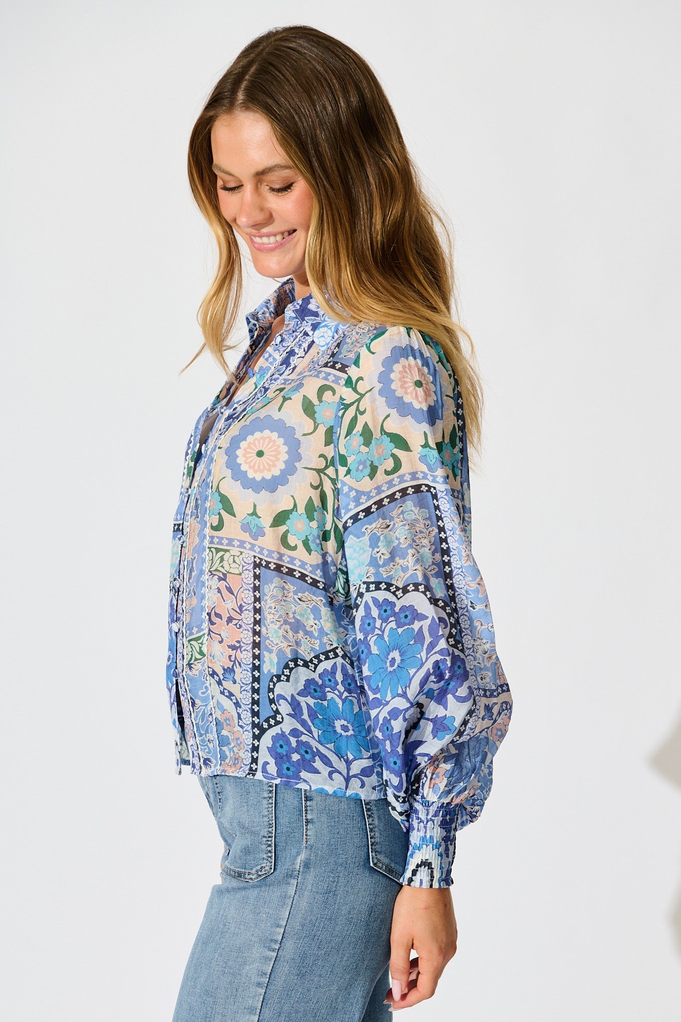 Emma Shirt in Multi Blue Cotton Blend