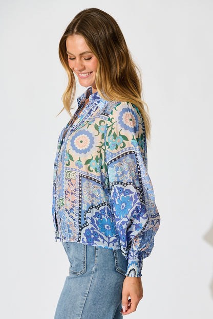 Emma Shirt in Multi Blue Cotton Blend