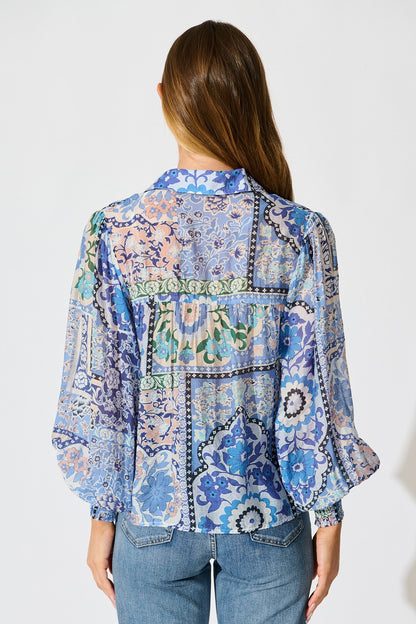 Emma Shirt in Multi Blue Cotton Blend