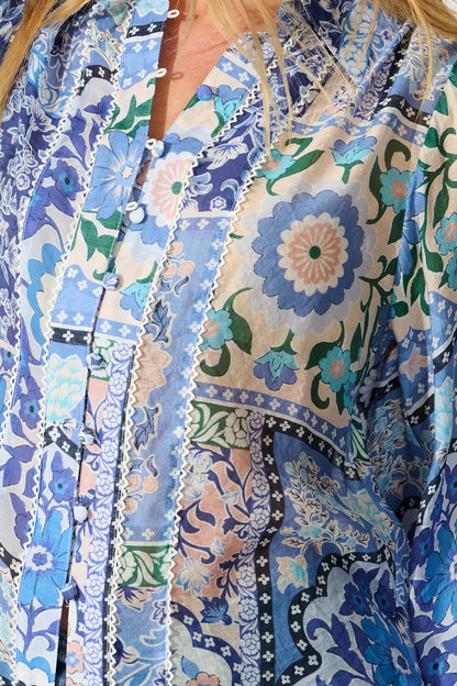 Emma Shirt in Multi Blue Cotton Blend