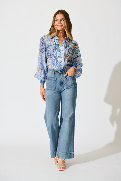 Emma Shirt in Multi Blue Cotton Blend