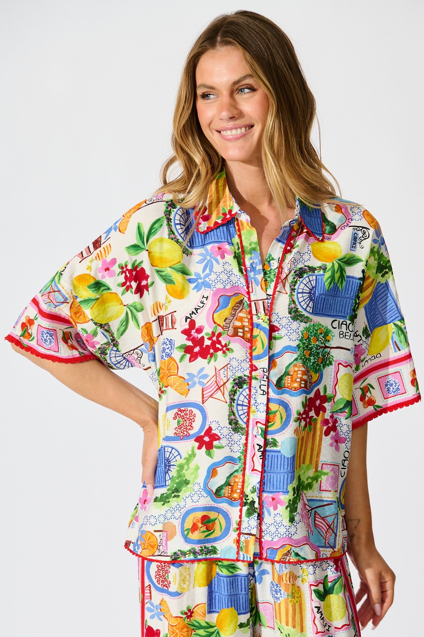 Kimberly Shirt in White With Multi Print