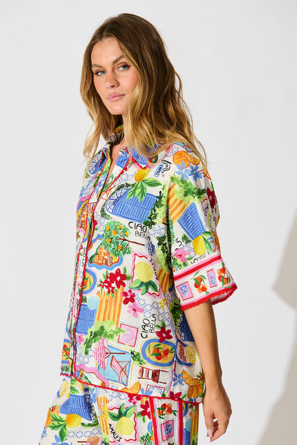 Kimberly Shirt in White With Multi Print