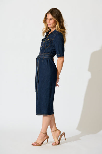 Delara Midi Shirt Dress in Dark Blue Denim