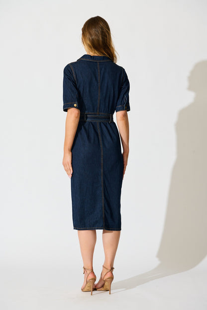 Delara Midi Shirt Dress in Dark Blue Denim