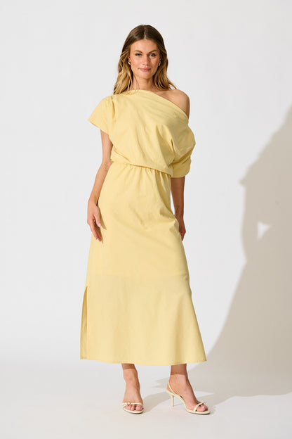 Saffron Sky Maxi Off Shoulder Dress in Butter Yellow Cotton