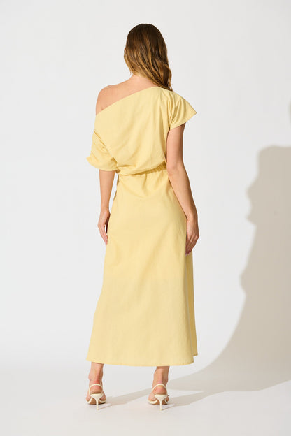 Saffron Sky Maxi Off Shoulder Dress in Butter Yellow Cotton