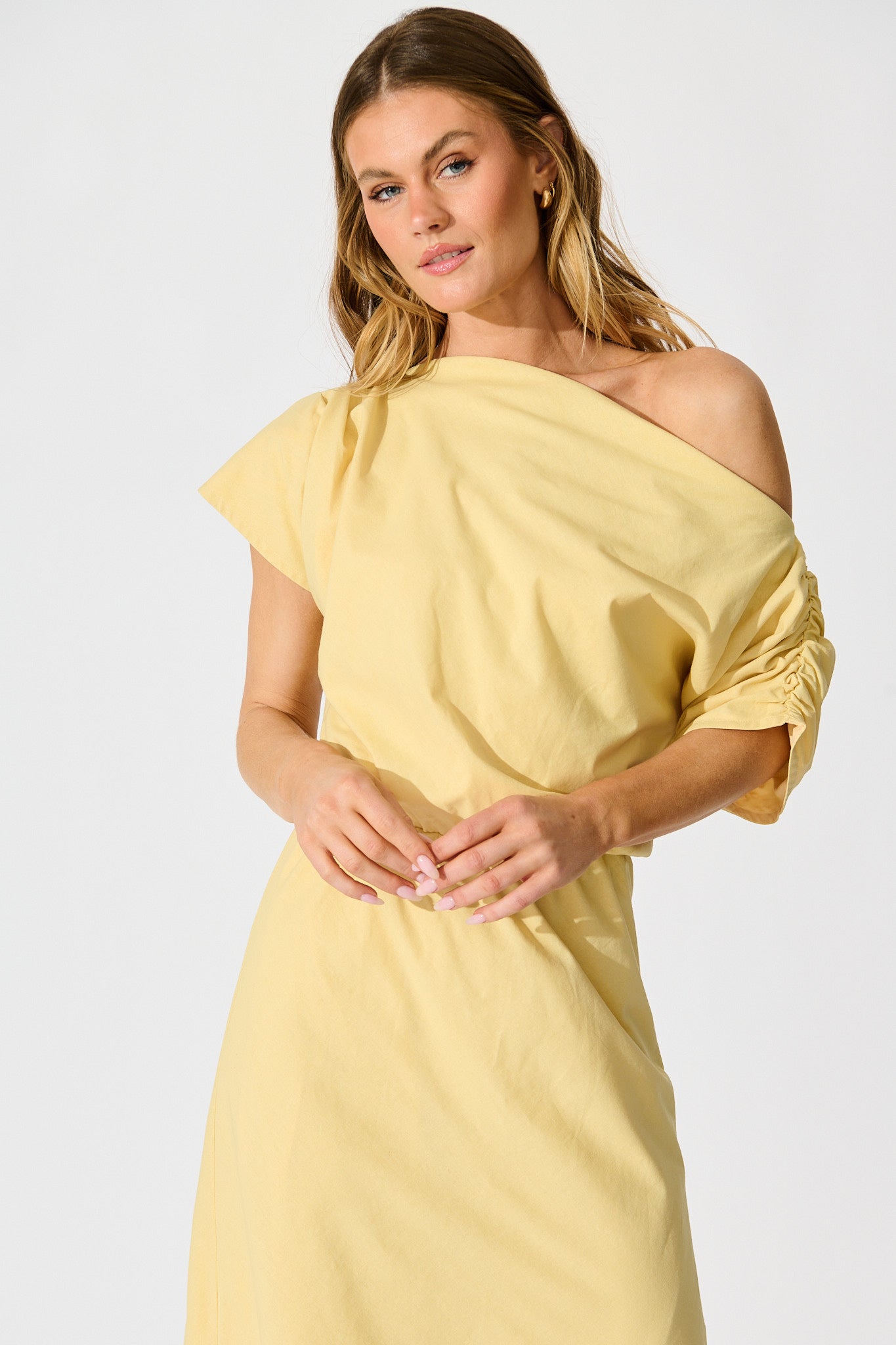Saffron Sky Maxi Off Shoulder Dress in Butter Yellow Cotton