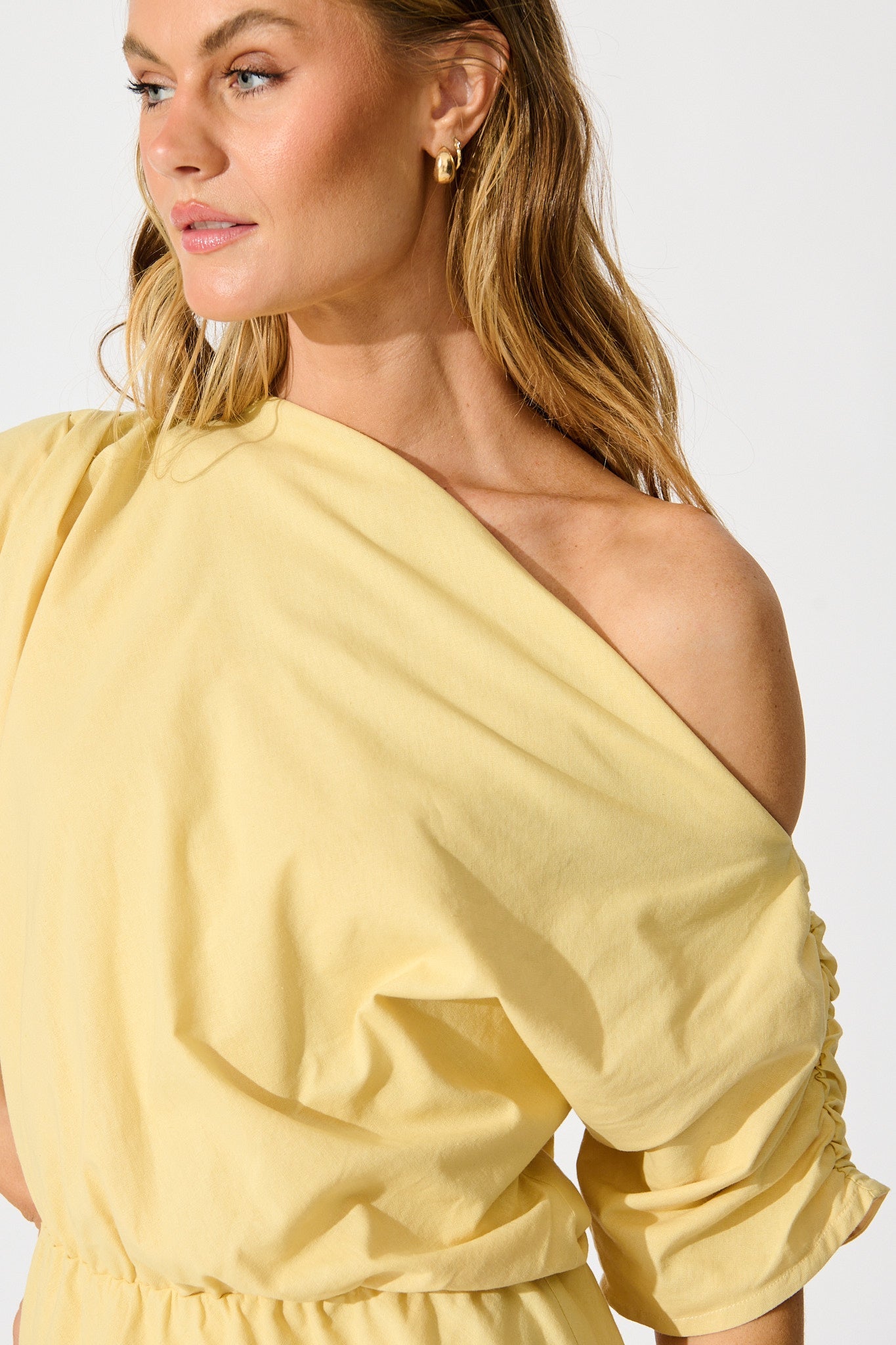 Saffron Sky Maxi Off Shoulder Dress in Butter Yellow Cotton