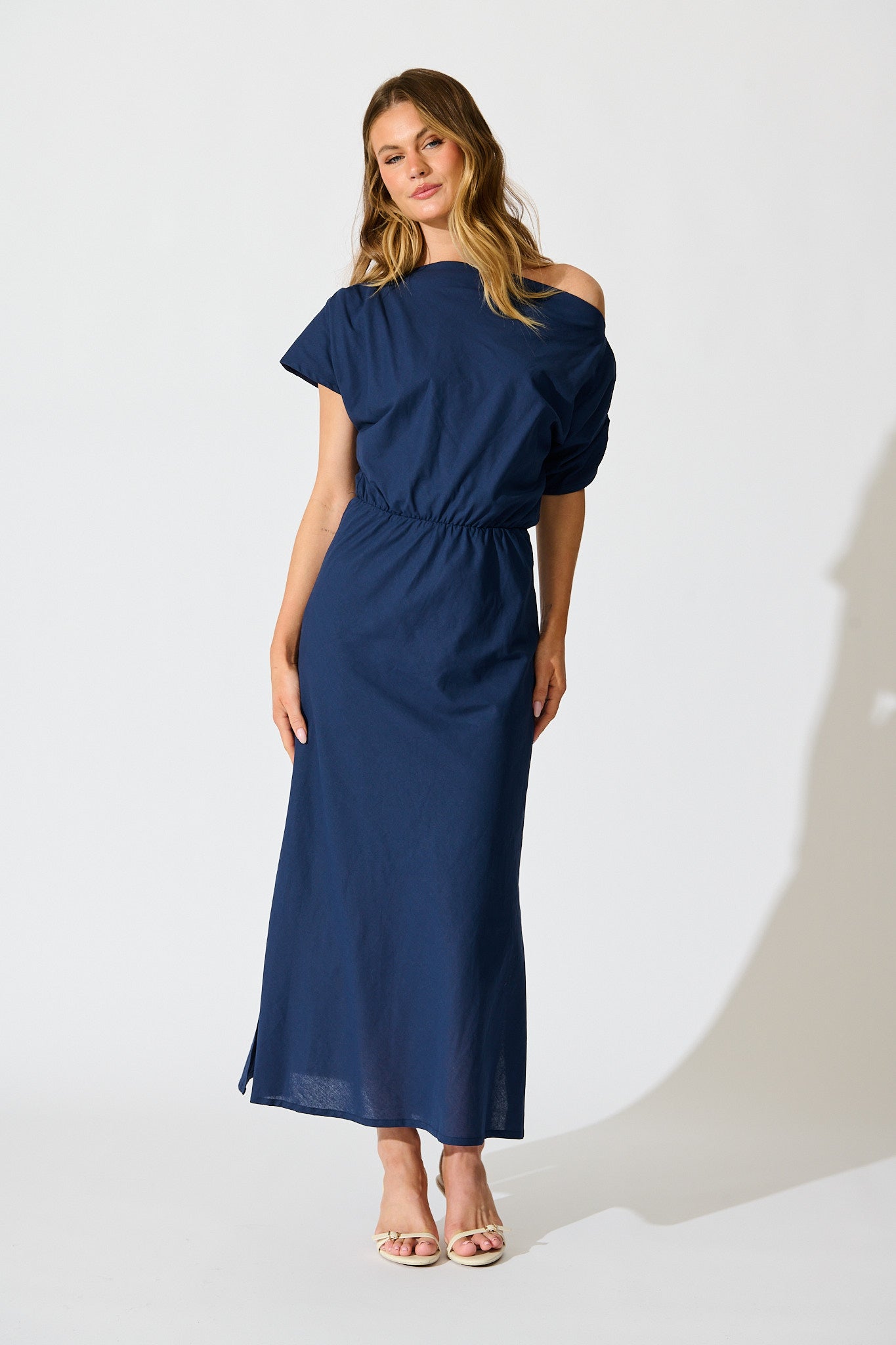 Saffron Sky Maxi Off Shoulder Dress in Navy Cotton