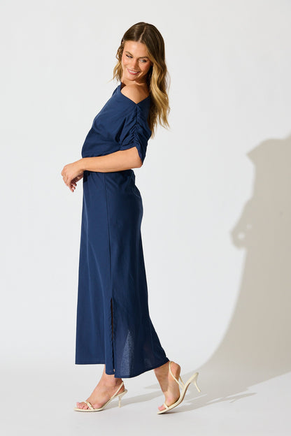 Saffron Sky Maxi Off Shoulder Dress in Navy Cotton