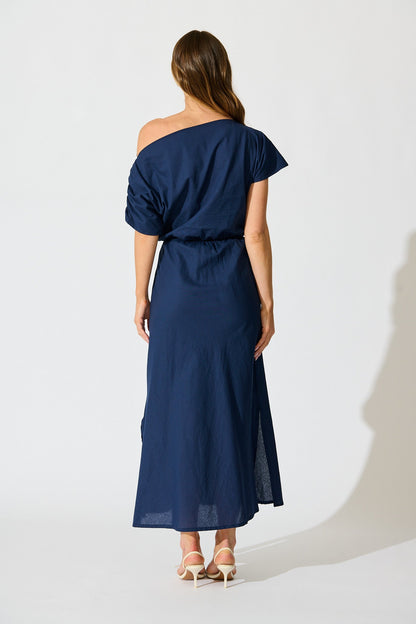 Saffron Sky Maxi Off Shoulder Dress in Navy Cotton