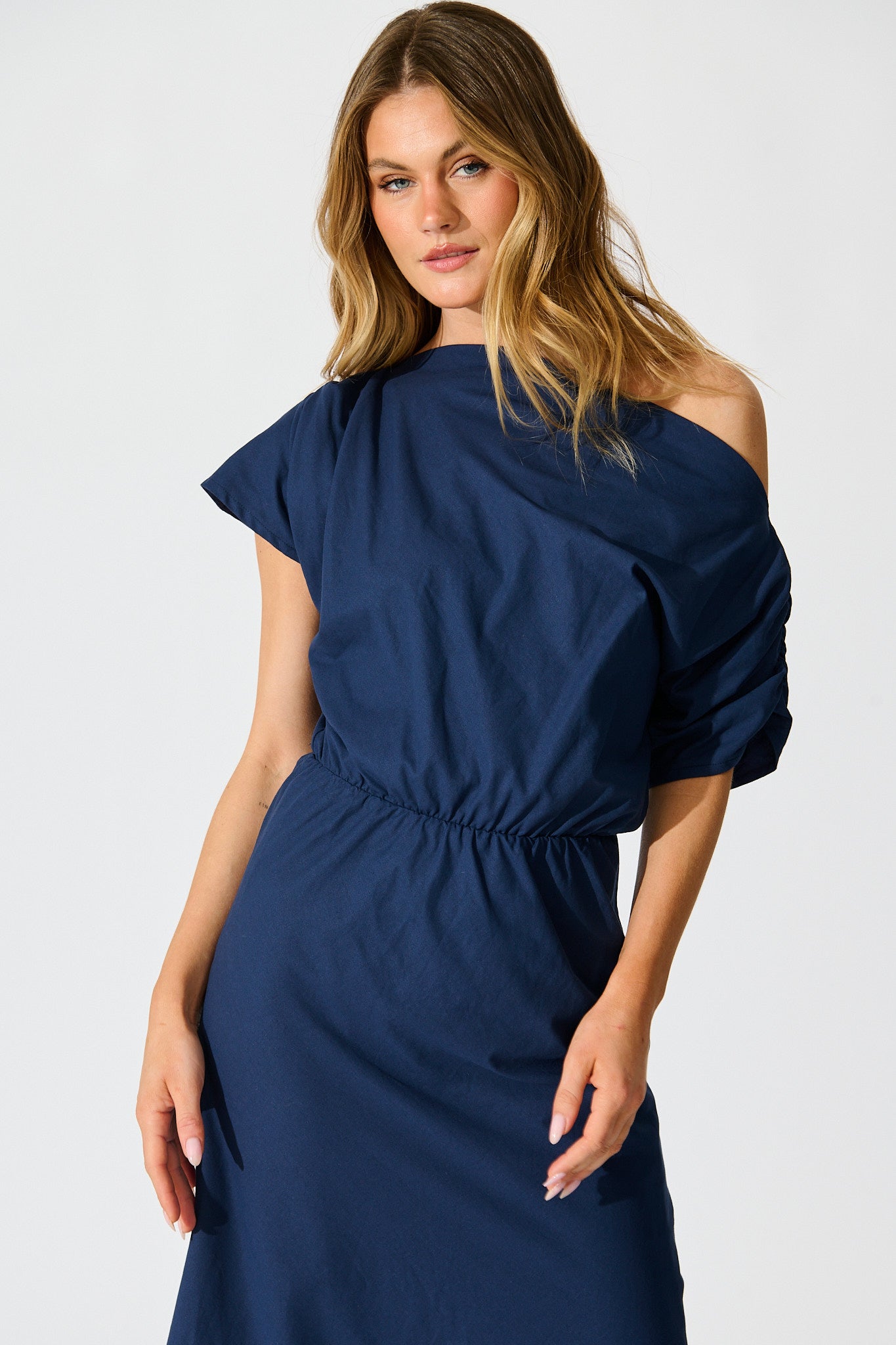 Saffron Sky Maxi Off Shoulder Dress in Navy Cotton
